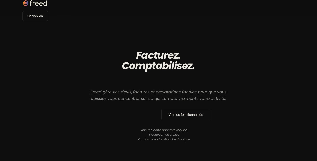 Page d'accueil de Freed — interface dark, navigation simple, slogan "Facturez. Comptabilisez. Librement."